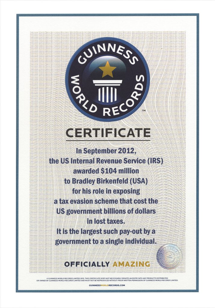 GuinnessWorldRecordCertificateBradleyBirkenfeld Bradley C. Birkenfeld